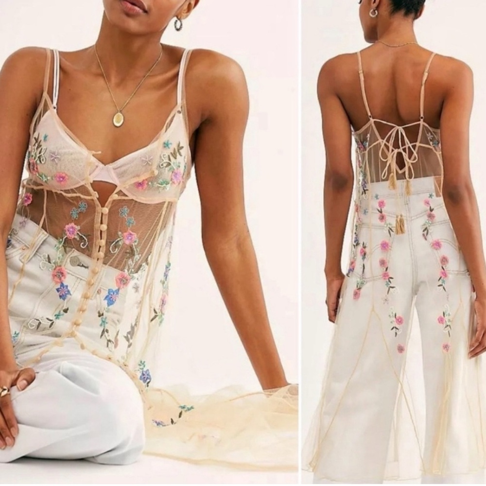 RARE Free  People Slip Dress Embellished Mesh Embroidered  Small